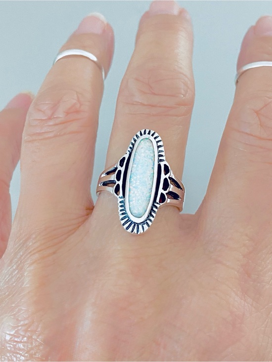Jewelry - 😍TOP SELLER😍 925 Silver Etched White Lab Opal Ring, Statement Boho Silver Rings